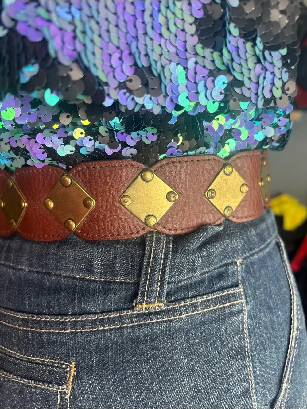 Vintage Y2K  games Fossil Brown Leather Belt with Brass Buckle